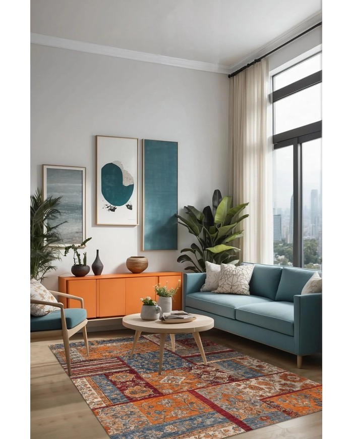 Sera Patchwork Şönil Doğal Pamuk Tabanlı Kaymaz Antibakteriyel Yıkanabilir Çevre Dostu Salon Halısı