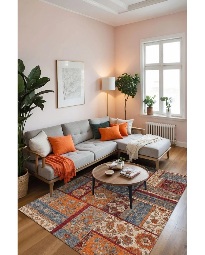 Sera Patchwork Şönil Doğal Pamuk Tabanlı Kaymaz Antibakteriyel Yıkanabilir Çevre Dostu Salon Halısı