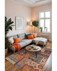 Sera Patchwork Şönil Doğal Pamuk Tabanlı Kaymaz Antibakteriyel Yıkanabilir Çevre Dostu Salon Halısı