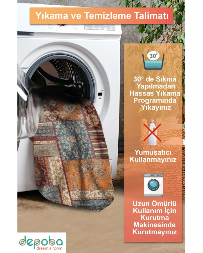 Sera Patchwork Şönil Doğal Pamuk Tabanlı Kaymaz Antibakteriyel Yıkanabilir Yuvarlak Salon Halısı