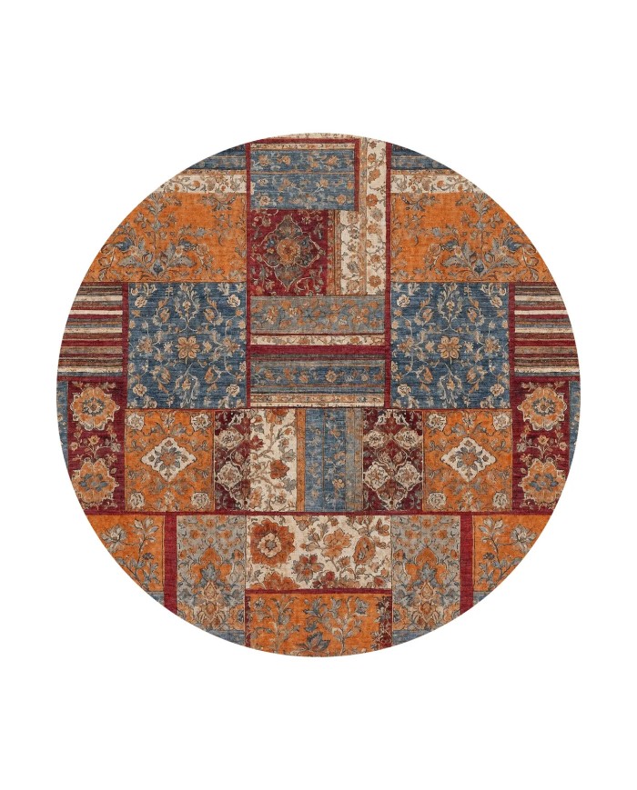 Sera Patchwork Şönil Doğal Pamuk Tabanlı Kaymaz Antibakteriyel Yıkanabilir Yuvarlak Salon Halısı