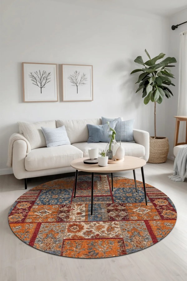 Sera Patchwork Şönil Doğal Pamuk Tabanlı Kaymaz Antibakteriyel Yıkanabilir Yuvarlak Salon Halısı Sera Patchwork Şönil Doğal Pamuk Tabanlı Kaymaz Antibakteriyel Yıkanabilir Yuvarlak Salon Halısı