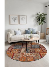 Sera Patchwork Şönil Doğal Pamuk Tabanlı Kaymaz Antibakteriyel Yıkanabilir Yuvarlak Salon Halısı