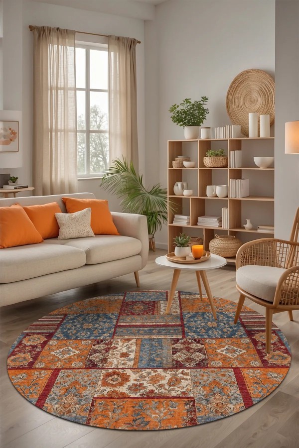 Sera Patchwork Şönil Doğal Pamuk Tabanlı Kaymaz Antibakteriyel Yıkanabilir Yuvarlak Salon Halısı Sera Patchwork Şönil Doğal Pamuk Tabanlı Kaymaz Antibakteriyel Yıkanabilir Yuvarlak Salon Halısı