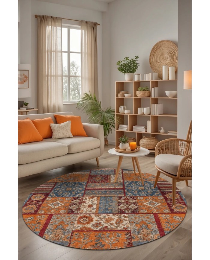 Sera Patchwork Şönil Doğal Pamuk Tabanlı Kaymaz Antibakteriyel Yıkanabilir Yuvarlak Salon Halısı