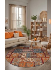 Sera Patchwork Şönil Doğal Pamuk Tabanlı Kaymaz Antibakteriyel Yıkanabilir Yuvarlak Salon Halısı