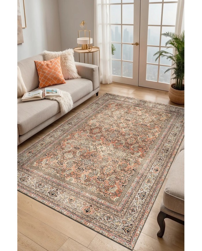 Aneta Şönil Vintage Desenli Pamuk Taban Kaymaz Yıkanabilen Antibakteriyel Salon Halısı