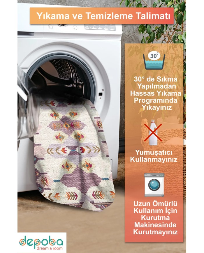 Asera Şönil Vintage Desenli Pamuk Taban Kaymaz Yıkanabilen Antibakteriyel Salon Halısı