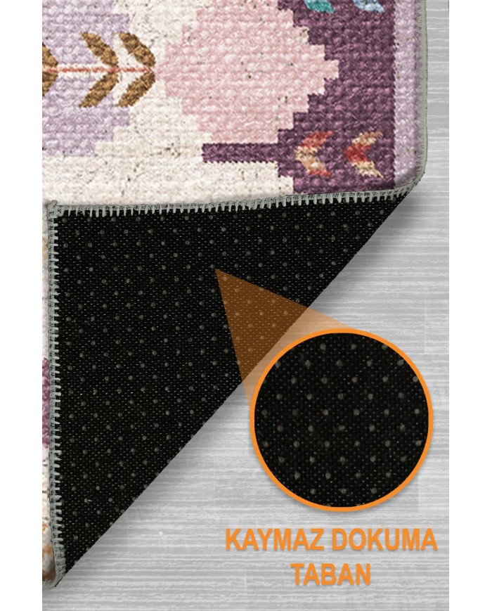 Asera Şönil Vintage Desenli Pamuk Taban Kaymaz Yıkanabilen Antibakteriyel Salon Halısı