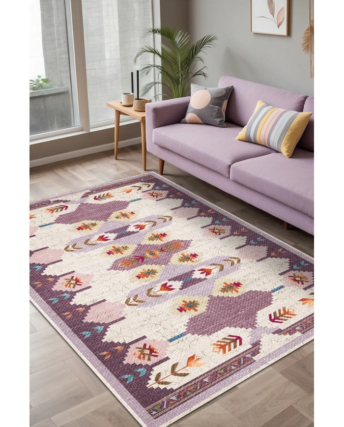 Asera Şönil Vintage Desenli Pamuk Taban Kaymaz Yıkanabilen Antibakteriyel Salon Halısı