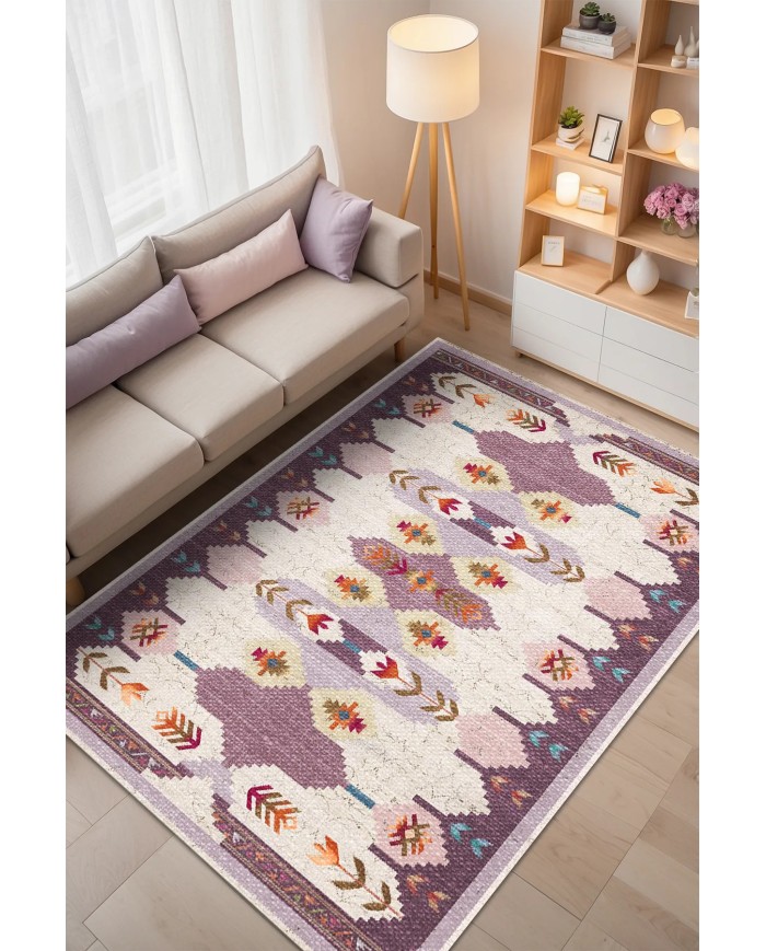 Asera Şönil Vintage Desenli Pamuk Taban Kaymaz Yıkanabilen Antibakteriyel Salon Halısı