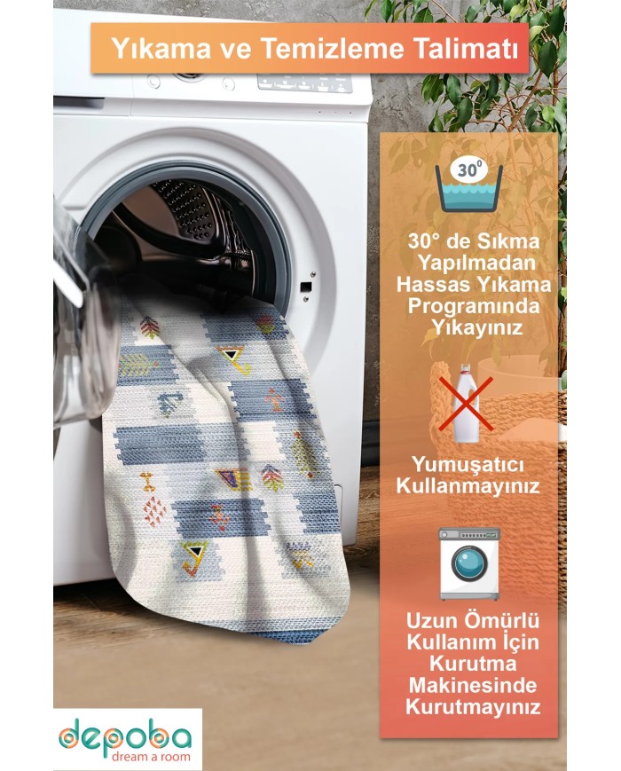 Nera Modern Şönil  Pamuk Taban Kaymaz Yıkanabilen Antibakteriyel Salon Halısı