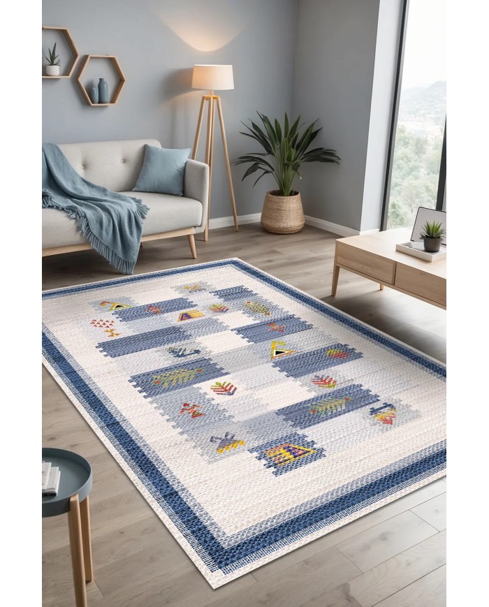 Nera Modern Şönil  Pamuk Taban Kaymaz Yıkanabilen Antibakteriyel Salon Halısı