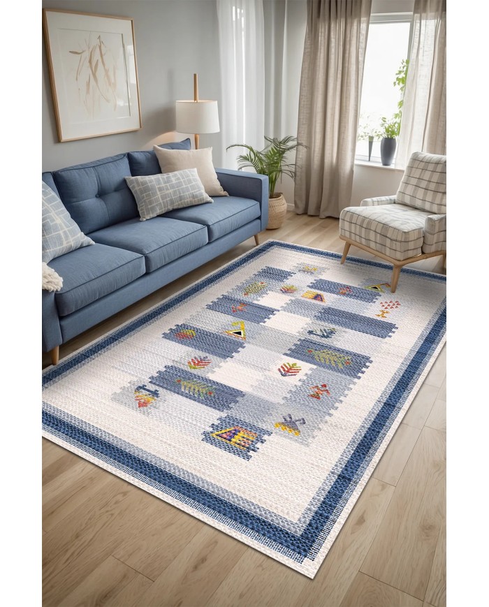 Nera Modern Şönil  Pamuk Taban Kaymaz Yıkanabilen Antibakteriyel Salon Halısı