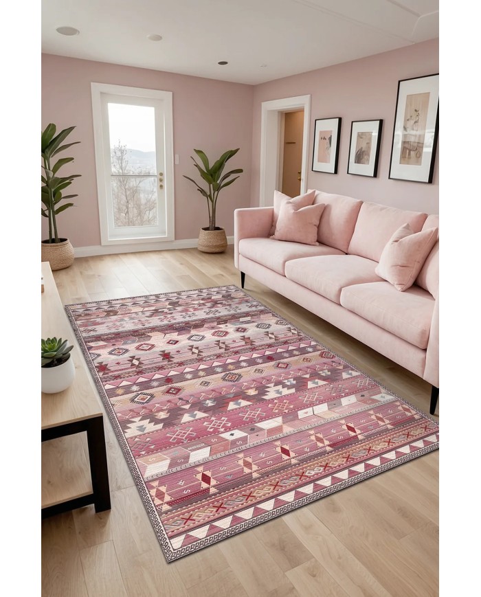 Sanes Şönil Kilim Desenli Pamuk Taban Kaymaz Yıkanabilen Antibakteriyel Salon Halısı
