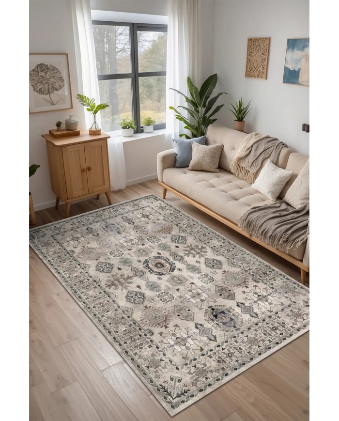 Zeran Şönil Vintage Desenli Pamuk Taban Kaymaz Yıkanabilen Antibakteriyel Salon Halısı