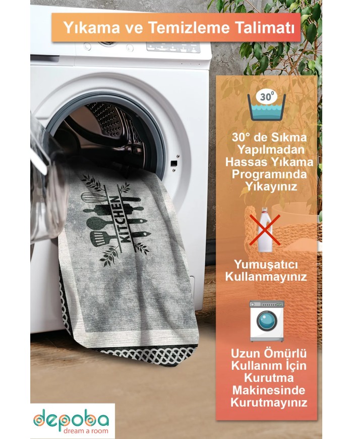 Ravona Modern Şönil  Modern Yıkanabilir Kaymaz Pamuk Tabanlı Antibakteriyel Mutfak Halısı