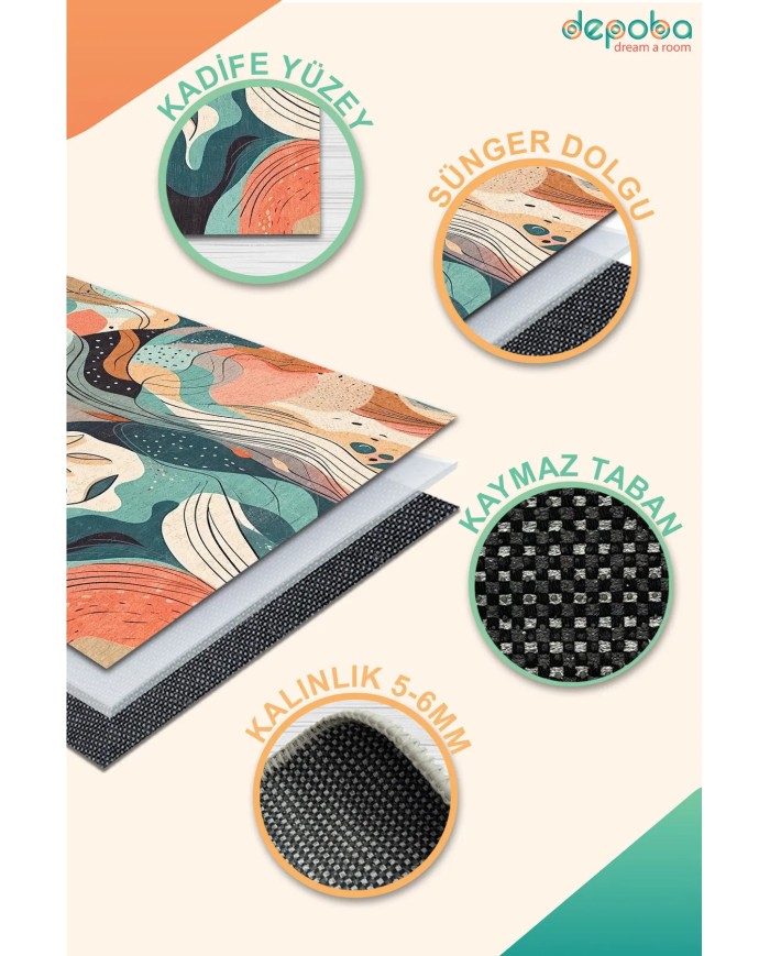 Salem Modern Kadife Yıkanabilir Kaymaz Pamuk Tabanlı Antibakteriyel Salon Halısı