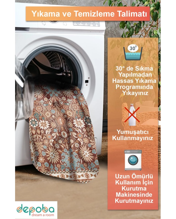 Zanem Şönil Vintage Desenli Pamuk Taban Kaymaz Yıkanabilen Antibakteriyel Salon Halısı