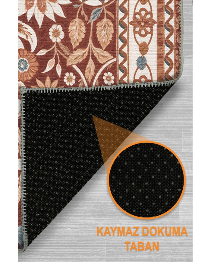 Zanem Şönil Vintage Desenli Pamuk Taban Kaymaz Yıkanabilen Antibakteriyel Salon Halısı