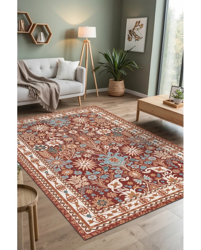 Zanem Şönil Vintage Desenli Pamuk Taban Kaymaz Yıkanabilen Antibakteriyel Salon Halısı