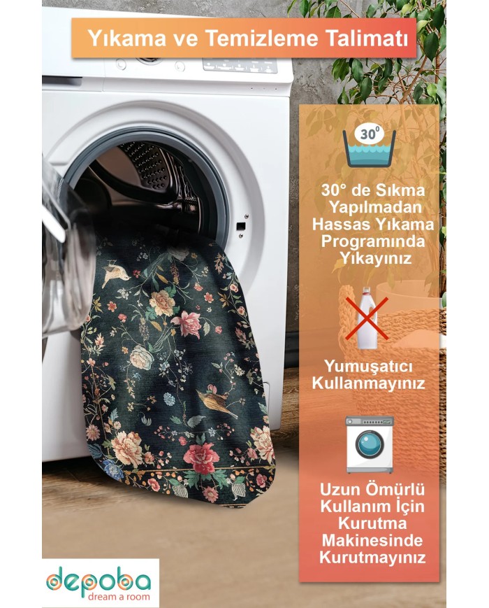 Conten Şönil Çiçek Desenli Pamuk Taban Kaymaz Yıkanabilen Antibakteriyel Salon Halısı