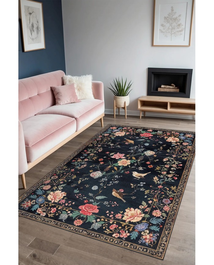 Conten Şönil Çiçek Desenli Pamuk Taban Kaymaz Yıkanabilen Antibakteriyel Salon Halısı