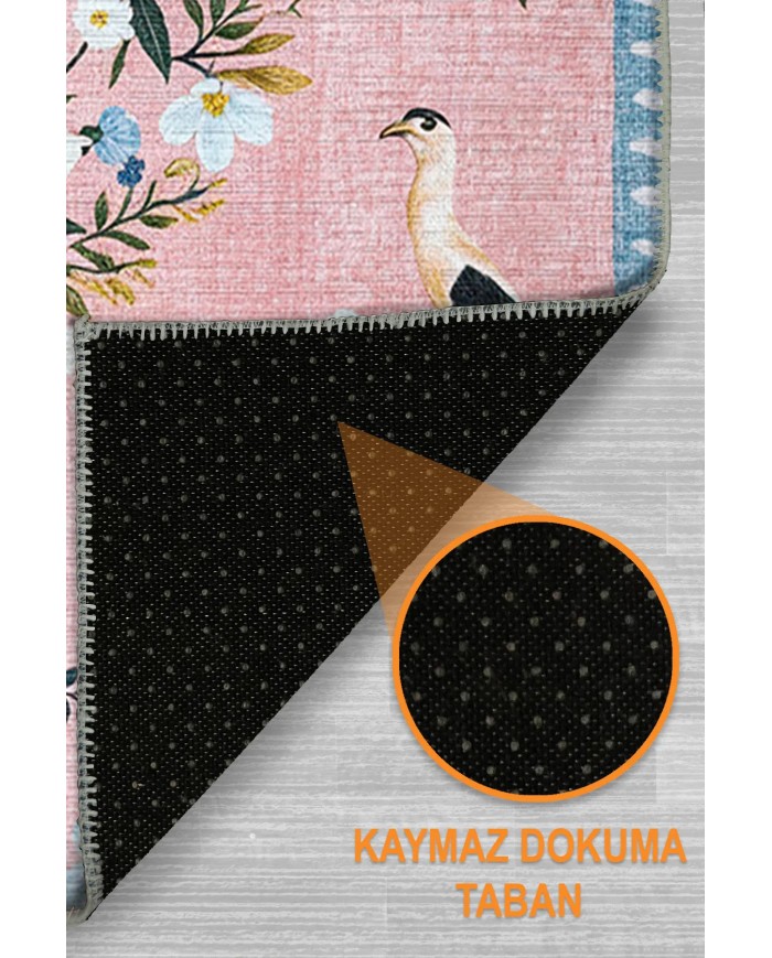 Velda Şönil Çiçek Desenli Pamuk Taban Kaymaz Yıkanabilen Antibakteriyel Salon Halısı