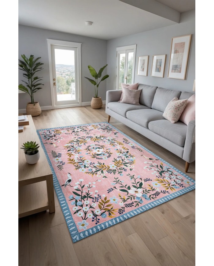 Velda Şönil Çiçek Desenli Pamuk Taban Kaymaz Yıkanabilen Antibakteriyel Salon Halısı
