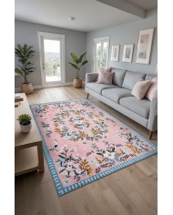 Velda Şönil Çiçek Desenli Pamuk Taban Kaymaz Yıkanabilen Antibakteriyel Salon Halısı