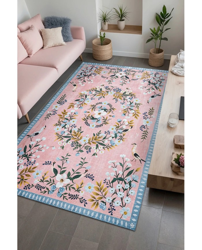 Velda Şönil Çiçek Desenli Pamuk Taban Kaymaz Yıkanabilen Antibakteriyel Salon Halısı