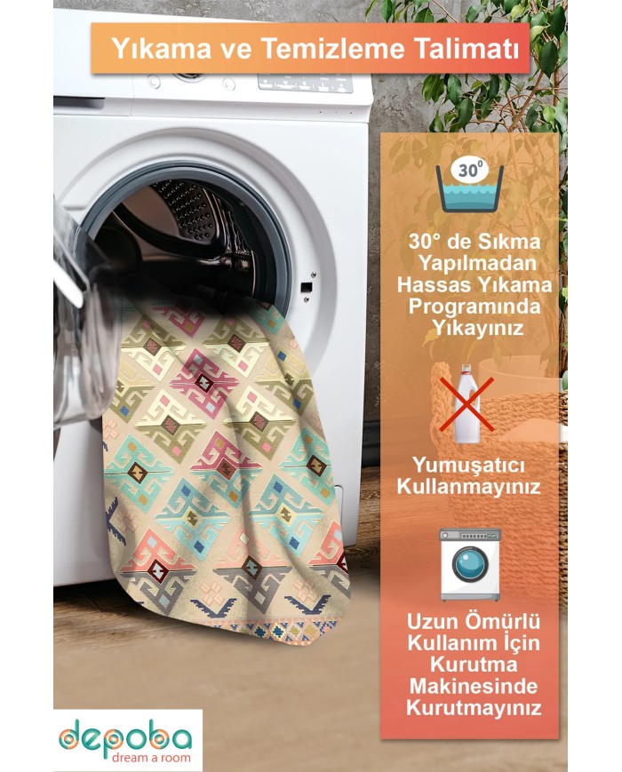 Misyo Şönil Vintage Desenli Pamuk Taban Kaymaz Yıkanabilen Antibakteriyel Salon Halısı