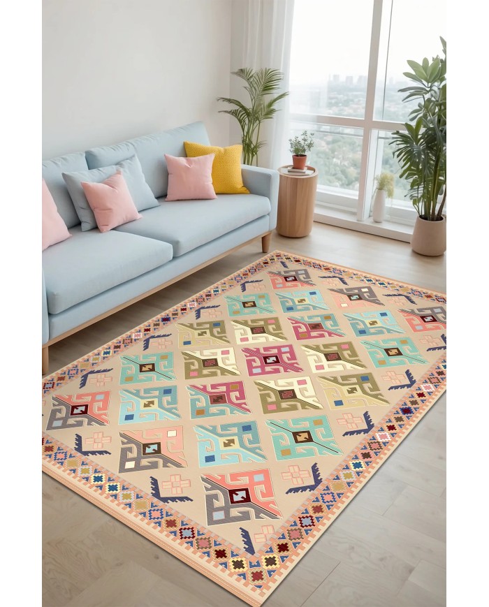 Misyo Şönil Vintage Desenli Pamuk Taban Kaymaz Yıkanabilen Antibakteriyel Salon Halısı