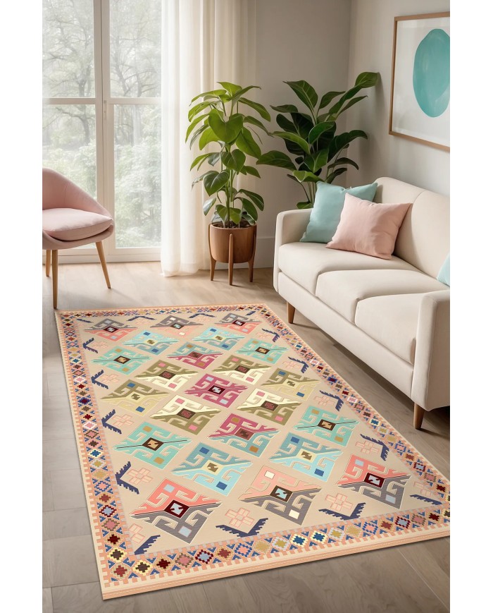 Misyo Şönil Vintage Desenli Pamuk Taban Kaymaz Yıkanabilen Antibakteriyel Salon Halısı