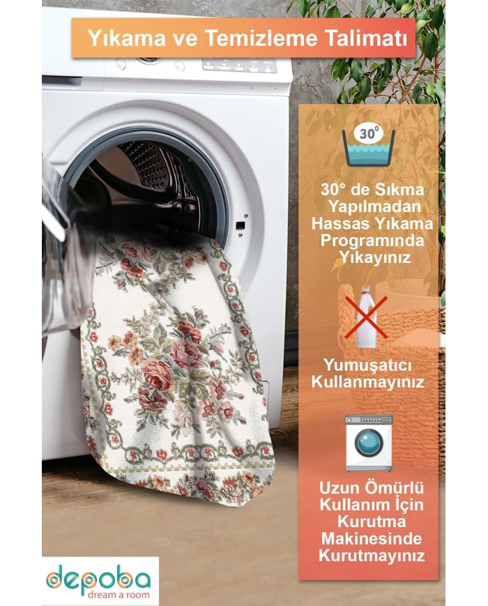 Mener Şönil Çiçek Desenli Pamuk Taban Kaymaz Yıkanabilen Antibakteriyel Salon Halısı