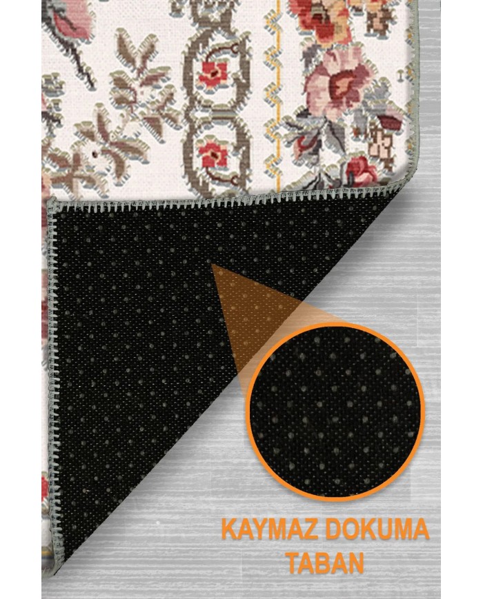 Mener Şönil Çiçek Desenli Pamuk Taban Kaymaz Yıkanabilen Antibakteriyel Salon Halısı