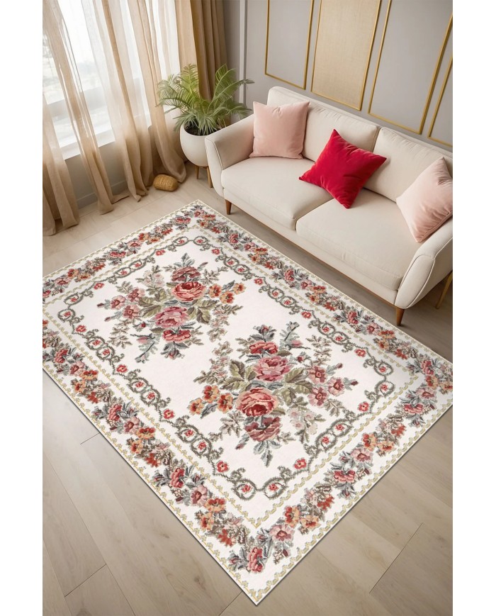 Mener Şönil Çiçek Desenli Pamuk Taban Kaymaz Yıkanabilen Antibakteriyel Salon Halısı