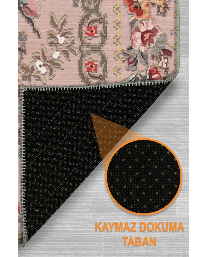 Aurora Şönil Çiçek Desenli Pamuk Taban Kaymaz Yıkanabilen Antibakteriyel Salon Halısı