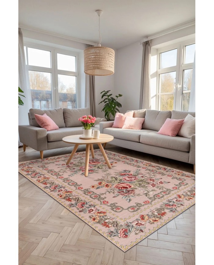 Aurora Şönil Çiçek Desenli Pamuk Taban Kaymaz Yıkanabilen Antibakteriyel Salon Halısı
