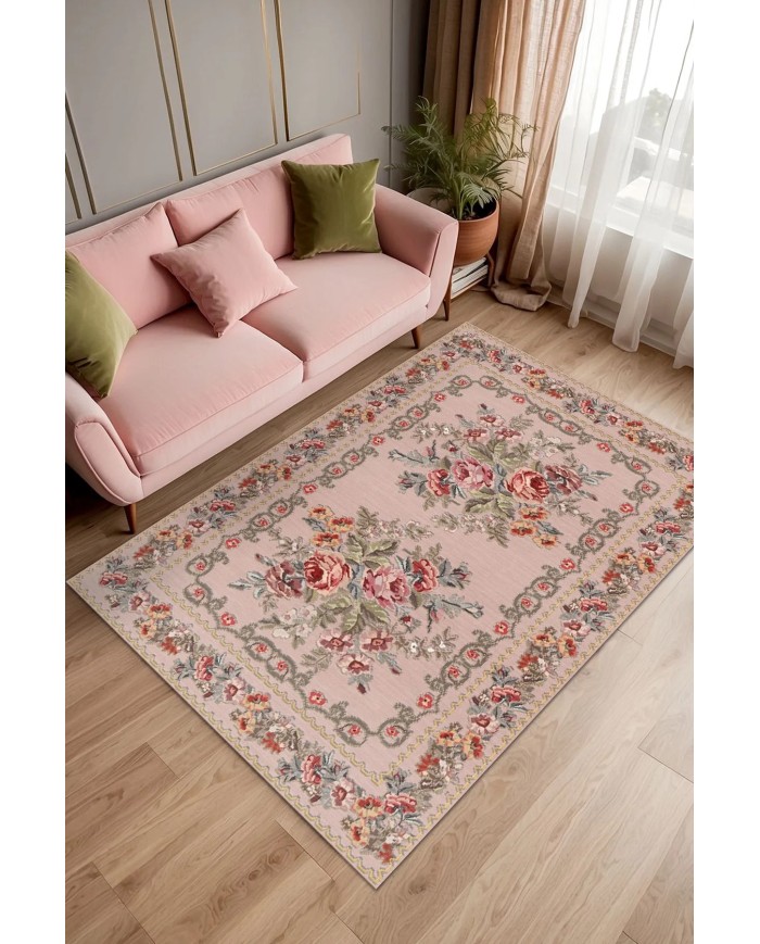 Aurora Şönil Çiçek Desenli Pamuk Taban Kaymaz Yıkanabilen Antibakteriyel Salon Halısı