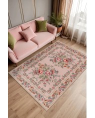 Aurora Şönil Çiçek Desenli Pamuk Taban Kaymaz Yıkanabilen Antibakteriyel Salon Halısı