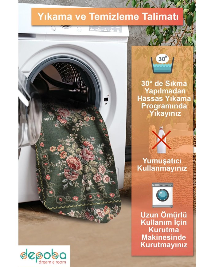 Penum Şönil Çiçek Desenli Pamuk Taban Kaymaz Yıkanabilen Antibakteriyel Salon Halısı