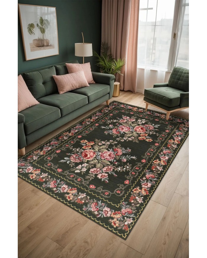 Penum Şönil Çiçek Desenli Pamuk Taban Kaymaz Yıkanabilen Antibakteriyel Salon Halısı