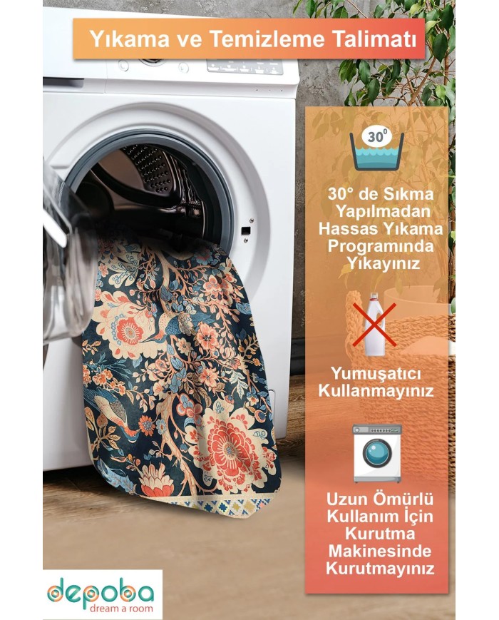 Veman Şönil Çiçek Desenli Pamuk Taban Kaymaz Yıkanabilen Antibakteriyel Salon Halısı
