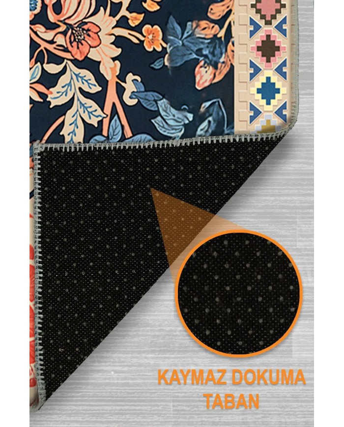 Veman Şönil Çiçek Desenli Pamuk Taban Kaymaz Yıkanabilen Antibakteriyel Salon Halısı