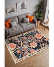 Veman Şönil Çiçek Desenli Pamuk Taban Kaymaz Yıkanabilen Antibakteriyel Salon Halısı