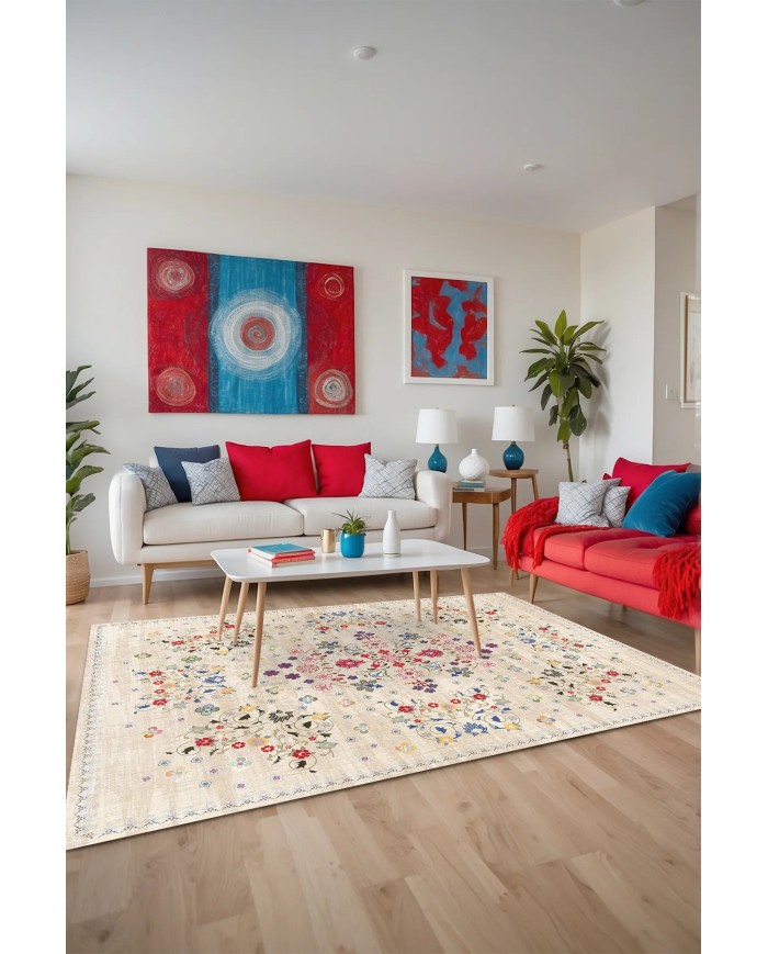 Sonan Vintage Şönil Doğal Pamuk Tabanlı Kaymaz Antibakteriyel Yıkanabilir Çevre Dostu Salon Halısı