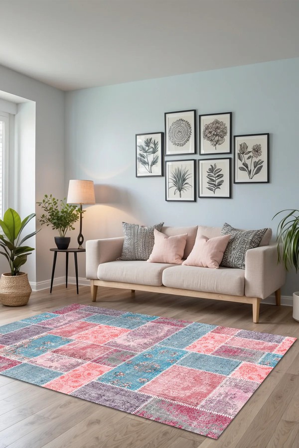 Samen Patchwork Şönil Doğal Pamuk Tabanlı Kaymaz Antibakteriyel Yıkanabilir Çevre Dostu Salon Halısı Samen Patchwork Şönil Doğal Pamuk Tabanlı Kaymaz Antibakteriyel Yıkanabilir Çevre Dostu Salon Halısı