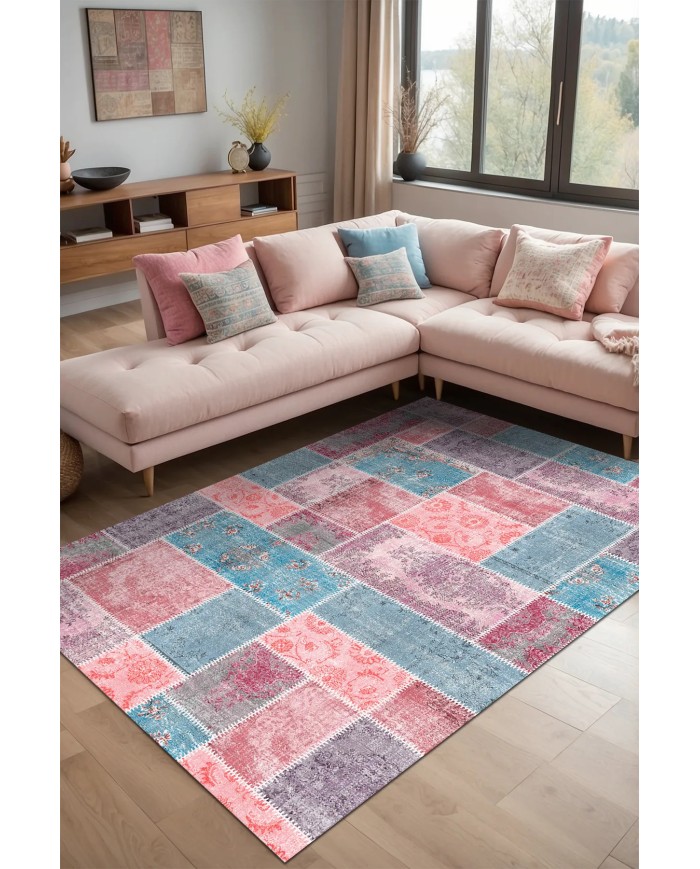 Samen Patchwork Şönil Doğal Pamuk Tabanlı Kaymaz Antibakteriyel Yıkanabilir Çevre Dostu Salon Halısı