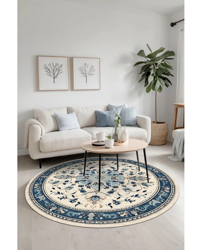 Rovam Vintage Şönil Doğal Pamuk Tabanlı Kaymaz Antibakteriyel Yıkanabilir Yuvarlak Salon Halısı